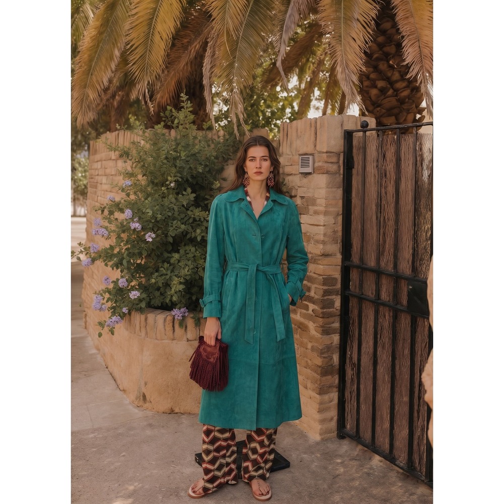 Lilli Ann Trench Coat Women Teal‎ Ultrasuede Vintage Belted Long Jacket Size M/L